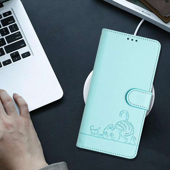 For Xiaomi POCO F5 Cat Rat Embossed Pattern RFID PU Phone Case with Wrist Strap(Mint Green)