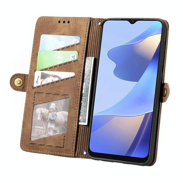 For OPPO Reno9 Pro+ 5G Geometric Zipper Wallet Side Buckle Leather Phone Case(Brown)