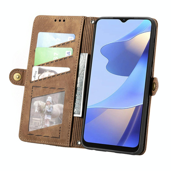 For OPPO Reno8 T 5G Geometric Zipper Wallet Side Buckle Leather Phone Case(Brown)