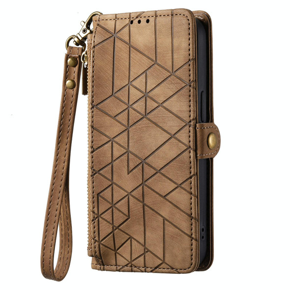 For OPPO Reno8 T 5G Geometric Zipper Wallet Side Buckle Leather Phone Case(Brown)