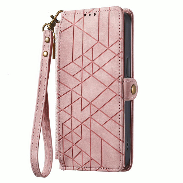 For OPPO  A17 Geometric Zipper Wallet Side Buckle Leather Phone Case(Pink)