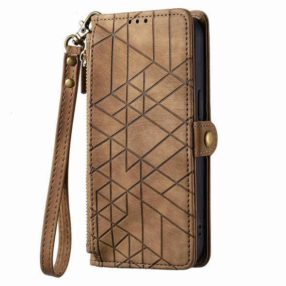 For OPPO A60 4G Geometric Zipper Wallet Side Buckle Leather Phone Case(Brown)