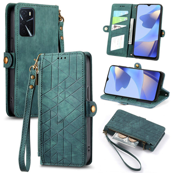 For OPPO Reno6 Pro 5G Geometric Zipper Wallet Side Buckle Leather Phone Case(Green)