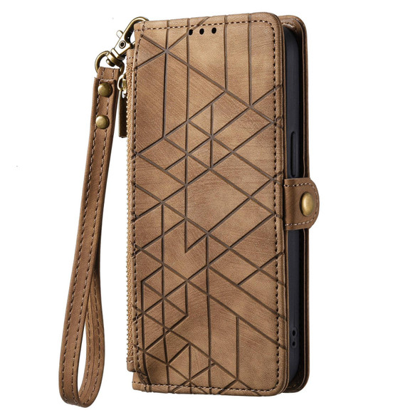 For OPPO Reno7 Pro 5G Geometric Zipper Wallet Side Buckle Leather Phone Case(Brown)