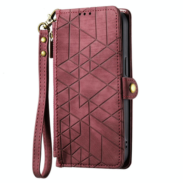 For OPPO  Reno7 4G Geometric Zipper Wallet Side Buckle Leather Phone Case(Red)