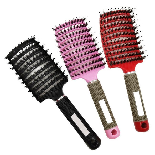 Retro Boar Bristles Hairdressing Big Curved Comb Curly Hair Massage Comb(Pink)