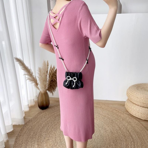 Knitted Ice Silk Backless Maternity Dress (Color:Pink Size:L)