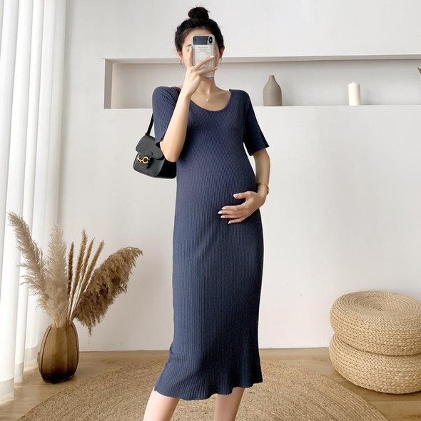 Knitted Ice Silk Maternity Dress (Color:Dark Blue Size:M)