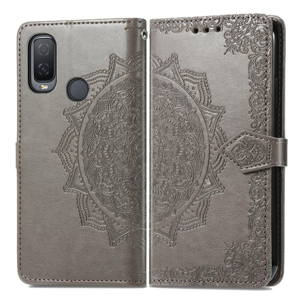 Alcatel 1L 2021 Mandala Flower Embossed Horizontal Flip Leatherette Case with Holder & Three Card Slots & Wallet & Lanyard(Gray)