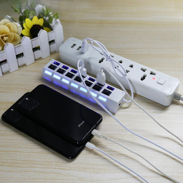 7 Ports USB Hub 2.0 USB Splitter High Speed 480Mbps with ON/OFF Switch / 7 LEDs(Black)