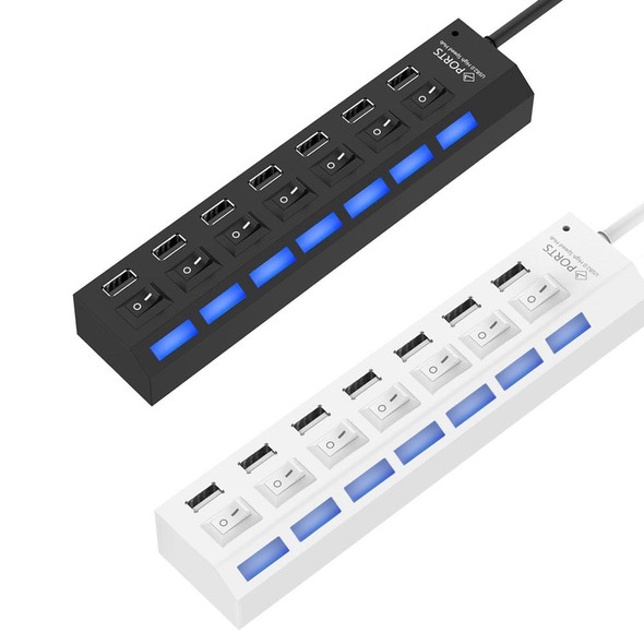7 Ports USB Hub 2.0 USB Splitter High Speed 480Mbps with ON/OFF Switch / 7 LEDs(White)