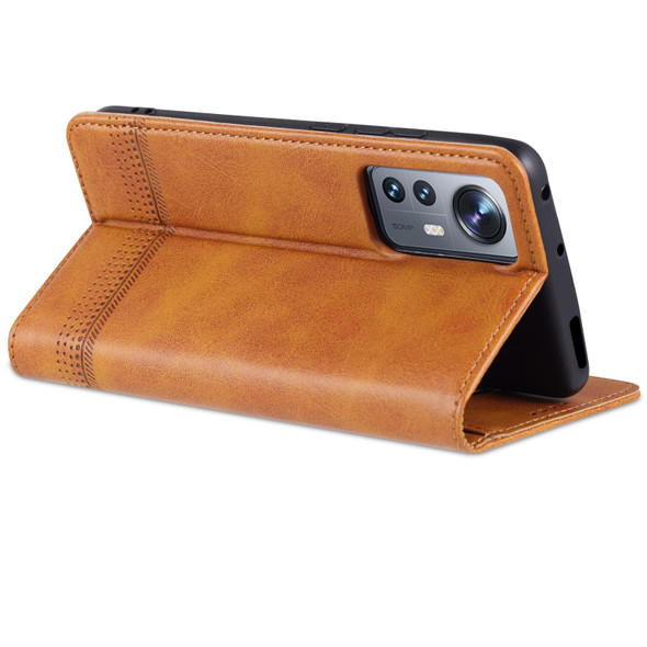 Xiaomi 12 / 12X AZNS Magnetic Calf Texture Flip Leather Phone Case(Light Brown)