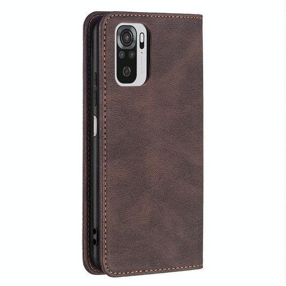 Xiaomi Redmi Note 10 4G / Note 10S Magnetic RFID Blocking Anti-Theft Leather Case with Holder & Card Slots & Wallet(Brown)