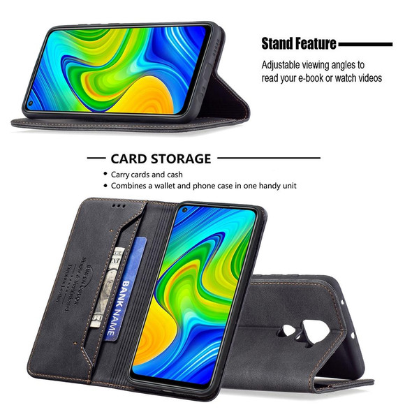 Xiaomi Redmi Note 9/Redmi 10X 4G Magnetic RFID Blocking Anti-Theft Leather Case with Holder & Card Slots & Wallet(Black)