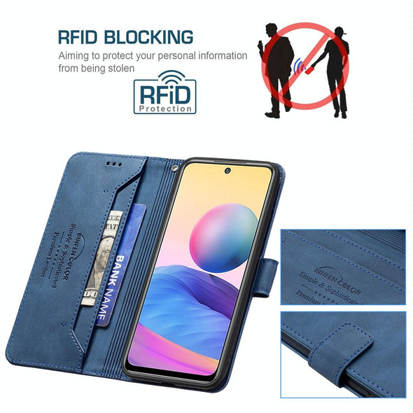 Xiaomi Poco M3 Pro / Redmi Note 10 5G Magnetic Clasp RFID Blocking Anti-Theft Leather Case with Holder & Card Slots & Wallet(Blue)