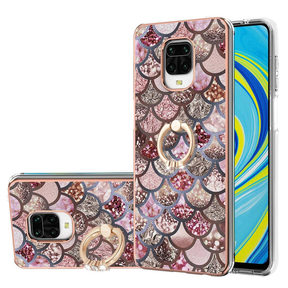 Xiaomi Redmi Note 9S/Note 9 Pro/Note 9 Pro Max Electroplating Pattern IMD TPU Shockproof Case with Rhinestone Ring Holder(Pink Scales)