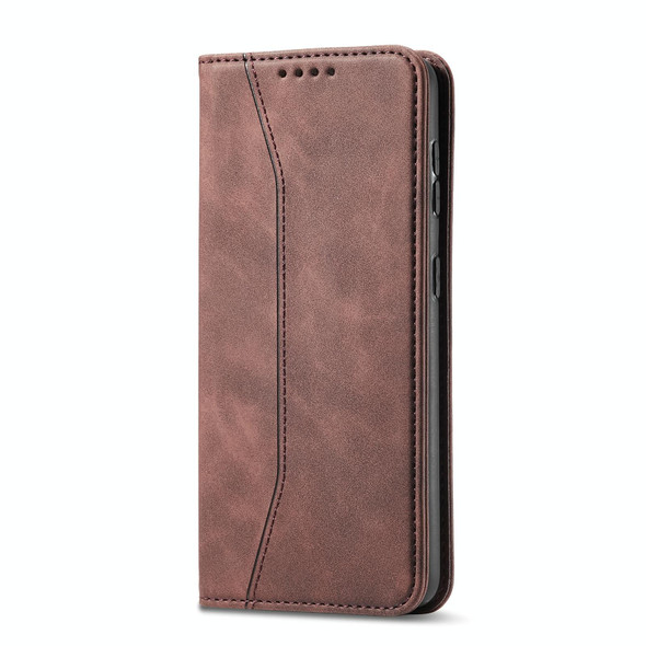Xiaomi Poco X3 NFC Skin-feel Calfskin Texture Magnetic Dual-Fold Horizontal Flip Leather Case with Holder & Card Slots & Wallet(Coffee)