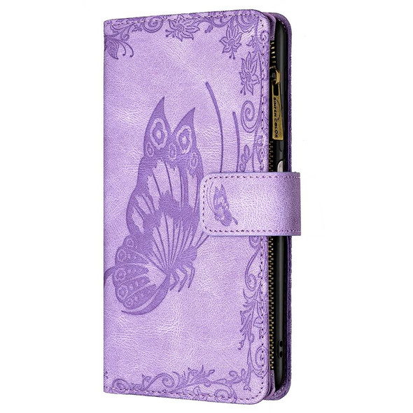 Xiaomi Redmi Note 10 4G Flying Butterfly Embossing Pattern Zipper Horizontal Flip Leather Case with Holder & Card Slots & Wallet(Purple)