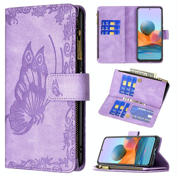 Xiaomi Redmi Note 10 Pro Flying Butterfly Embossing Pattern Zipper Horizontal Flip Leather Case with Holder & Card Slots & Wallet(Purple)