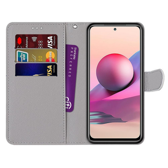 Xiaomi Redmi Note 10 4G / Note 10S Coloured Drawing Cross Texture Horizontal Flip PU Leather Case with Holder & Card Slots & Wallet & Lanyard(Slant Hat Blue Mirror Cat)