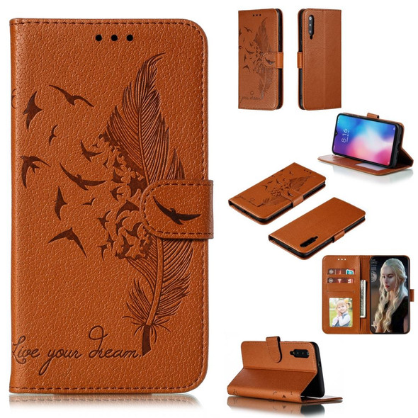 Feather Pattern Litchi Texture Horizontal Flip Leatherette Case with Wallet & Holder & Card Slots - Xiaomi Mi 9(Brown)