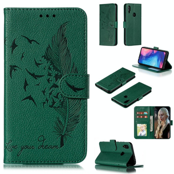 Feather Pattern Litchi Texture Horizontal Flip Leatherette Case with Wallet & Holder & Card Slots - Xiaomi Redmi Note 7(Green)