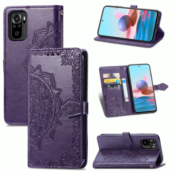 Xiaomi Redmi Note 10 4G Mandala Flower Embossed Horizontal Flip Leather Case with Bracket / Card Slot / Wallet / Lanyard(Purple)