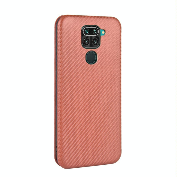 Xiaomi Redmi Note 9 Carbon Fiber Texture Magnetic Horizontal Flip TPU + PC + PU Leather Case with Card Slot(Brown)