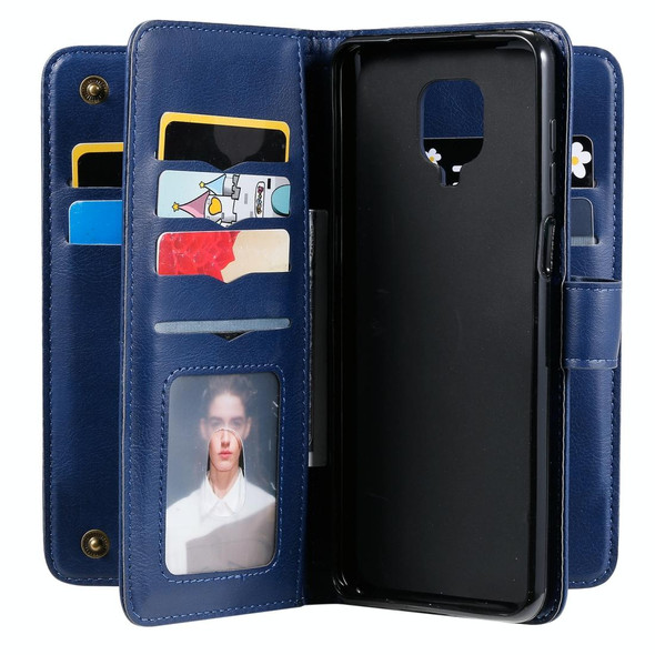 Xiaomi Redmi Note 9S Multifunctional Magnetic Copper Buckle Horizontal Flip Solid Color Leather Case with 10 Card Slots & Wallet & Holder & Photo Frame(Dark Blue)