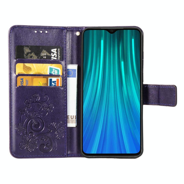 Xiaomi Redmi Note 8 Pro Four-leaf Clasp Embossed Buckle Mobile Phone Protection Leather Case with Lanyard & Card Slot & Wallet & Bracket Function(Purple)