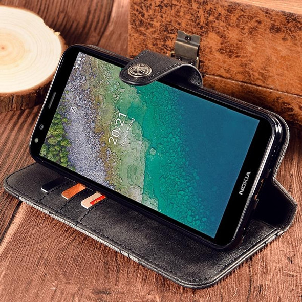 Nokia C01 Plus Contrast Color Splicing Retro Texture Horizontal Flip PU Leather Case with Card Slots & Holder & Wallet(Black)