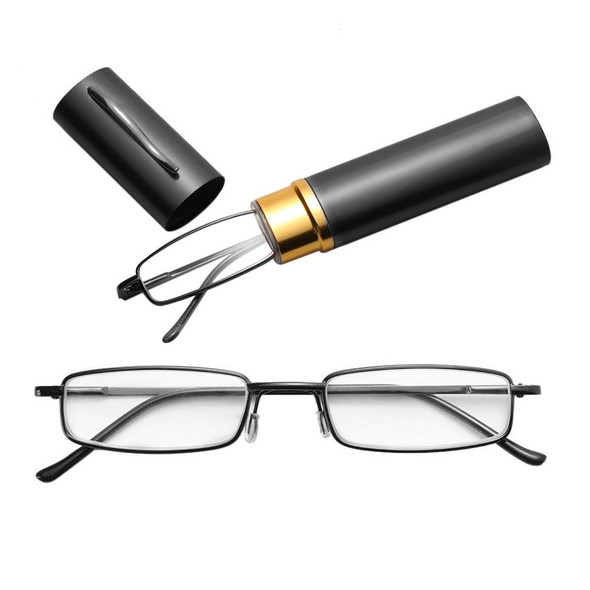 Reading Glasses Metal Spring Foot Portable Presbyopic Glasses with Tube Case +2.00D(Black )