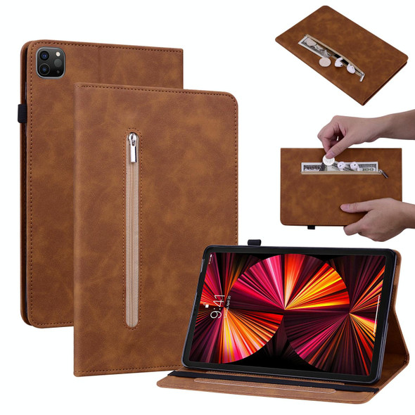Skin Feel Solid Color Zipper Smart Leather Tablet Case - iPad Pro 12.9 inch 2021 / 2020(Brown)