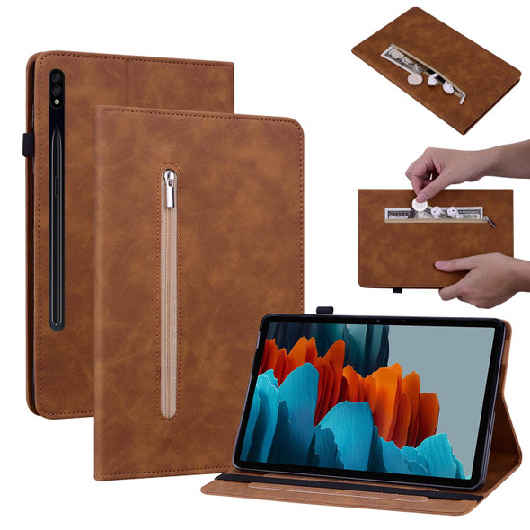 Samsung Galaxy Tab S7 / S8 Skin Feel Solid Color Zipper Leather Tablet Case(Brown)