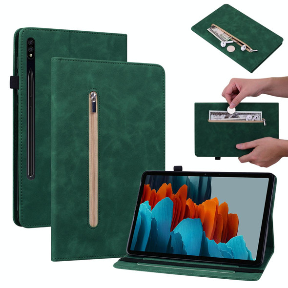 Samsung Galaxy Tab S7+ / S8+ Skin Feel Solid Color Zipper Leather Tablet Case(Green)