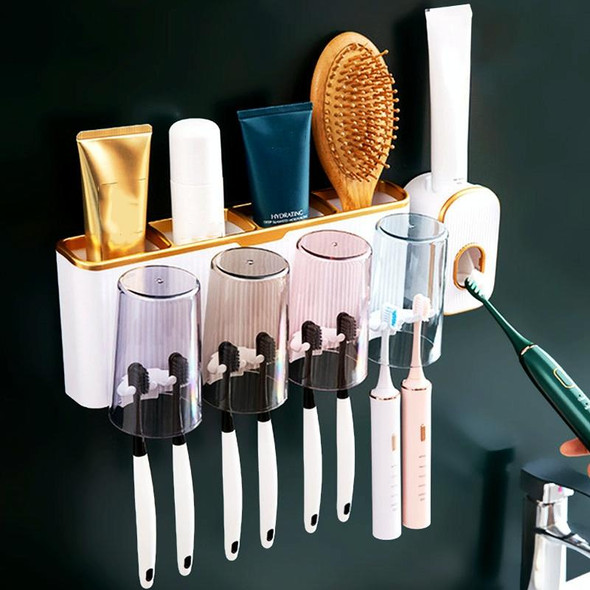 Bathroom Wall-mounted Punch-free Wash Cup Toothbrush Rack Squeeze Toothpaste Set Four Golden(With Squeezer)