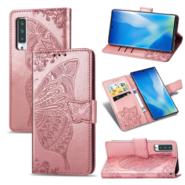 Arrows NX9 F-52A Butterfly Love Flower Embossed Horizontal Flip Leatherette Case with Bracket / Card Slot / Wallet / Lanyard(Rose Gold)
