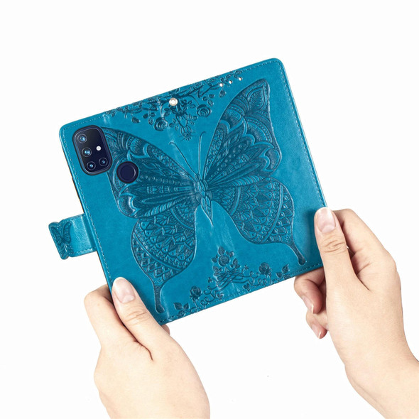 OnePlus Nord N10 5G Butterfly Love Flower Embossed Horizontal Flip Leather Case with Bracket / Card Slot / Wallet / Lanyard(Blue)