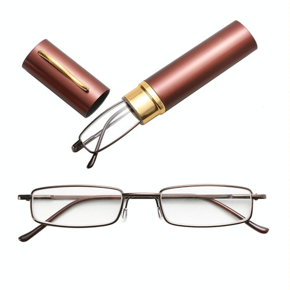 Reading Glasses Metal Spring Foot Portable Presbyopic Glasses with Tube Case +2.00D(Brown )