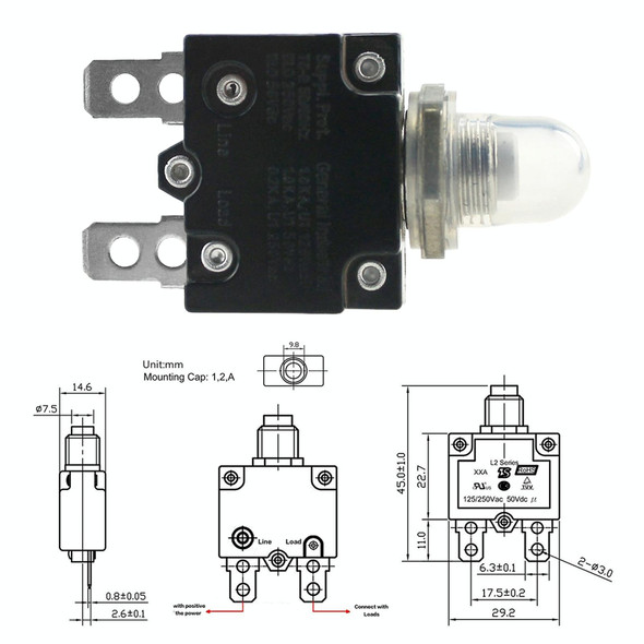 L2 Series 50V Car Overload Protector Manual Reset DC Circuit Breaker with Waterproof Cover, Current:20A