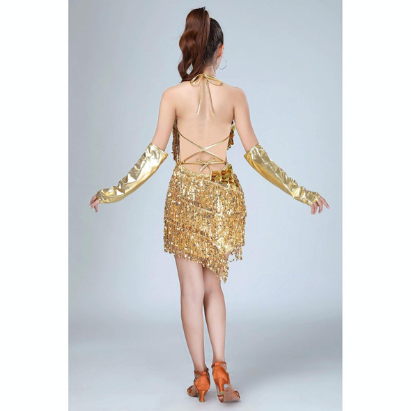 Fringe Sling Latin Dance Dress Competition Performance Suit with Gloves & Separate Bottoms (Color:Gold Size:Free Size)