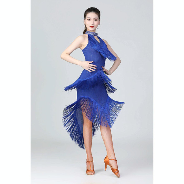 Halter Neck Irregular Tassel Latin Dance Dress Competition Performance Suit With Separate Bottoms (Color:Royal Blue Size:L)