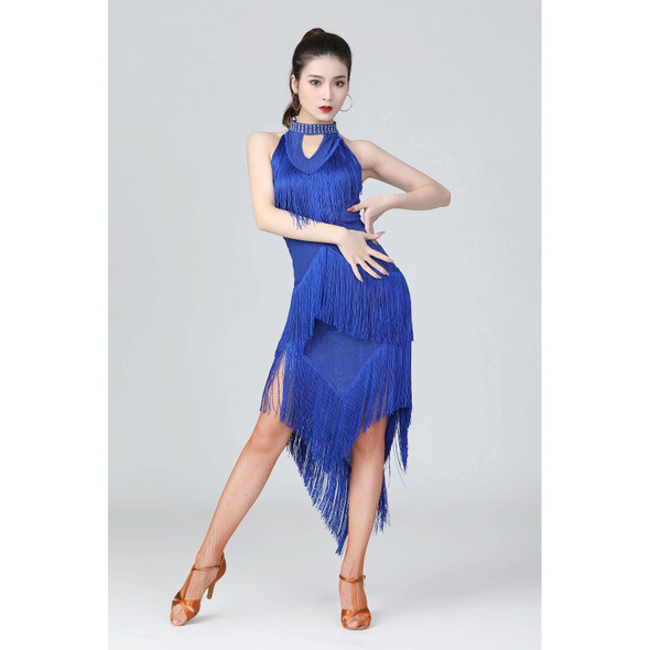 Halter Neck Irregular Tassel Latin Dance Dress Competition Performance Suit With Separate Bottoms (Color:Royal Blue Size:L)