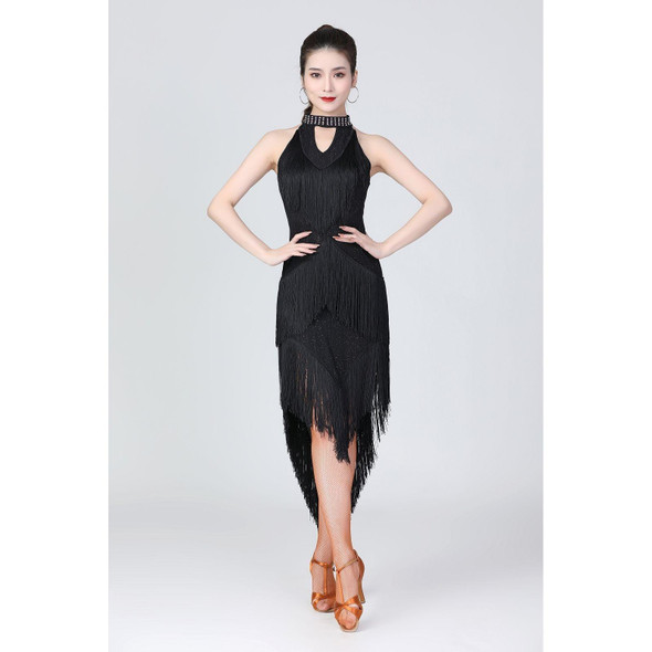Halter Neck Irregular Tassel Latin Dance Dress Competition Performance Suit With Separate Bottoms (Color:Black Size:L)