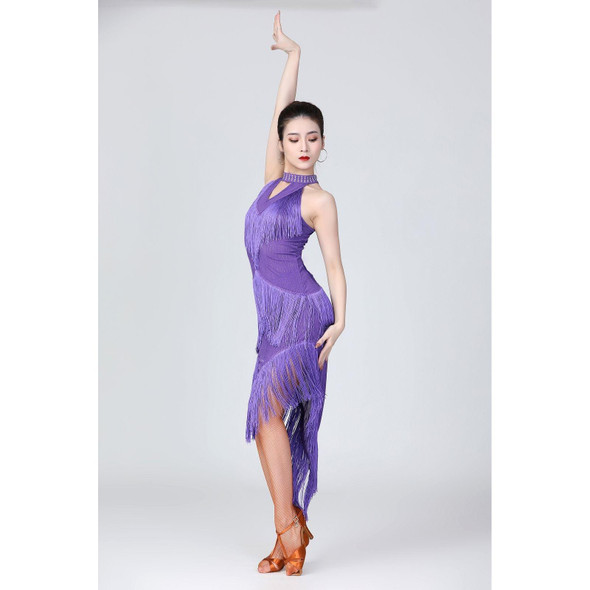 Halter Neck Irregular Tassel Latin Dance Dress Competition Performance Suit With Separate Bottoms (Color:Purple Size:XL)