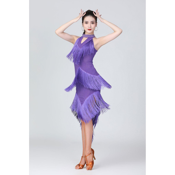 Halter Neck Irregular Tassel Latin Dance Dress Competition Performance Suit With Separate Bottoms (Color:Purple Size:L)
