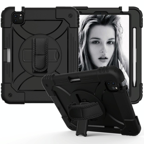 iPad Air 2022 / 2020 10.9 / Air 2022 Shockproof PC + Silicone Combination Case with Holder & Hand Strap & Shoulder Strap(Black + Black)