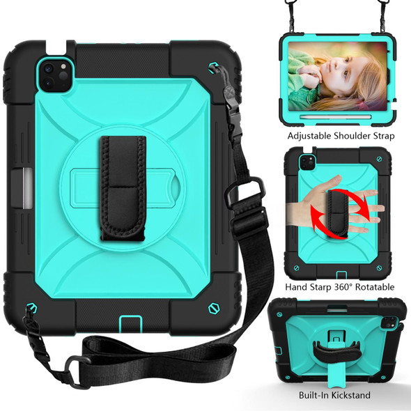 iPad Air 2022 / 2020 10.9 / Air 2022 Shockproof PC + Silicone Combination Case with Holder & Hand Strap & Shoulder Strap(Black + Mint Green)
