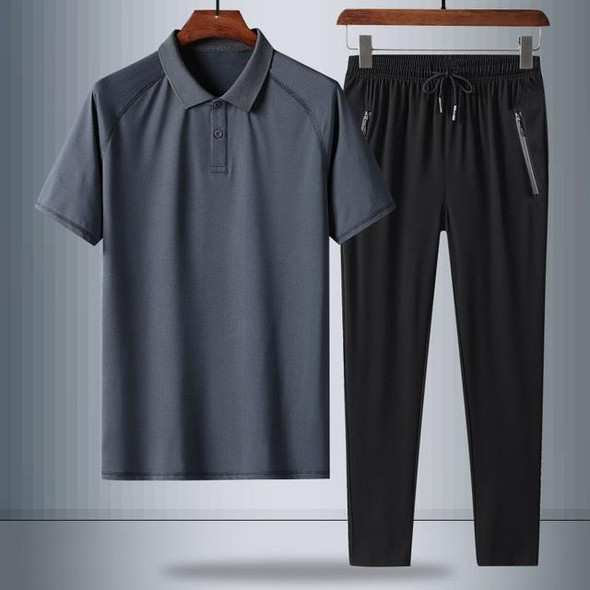 2 In 1 Summer Breathable Ice Silk Polo Shirt Raglan Short-sleeved T-shirt + Trousers Loose Casual Sports Suit - Middle-aged And Elderly Men (Color:8792 Dark Gray Size:XXXL)