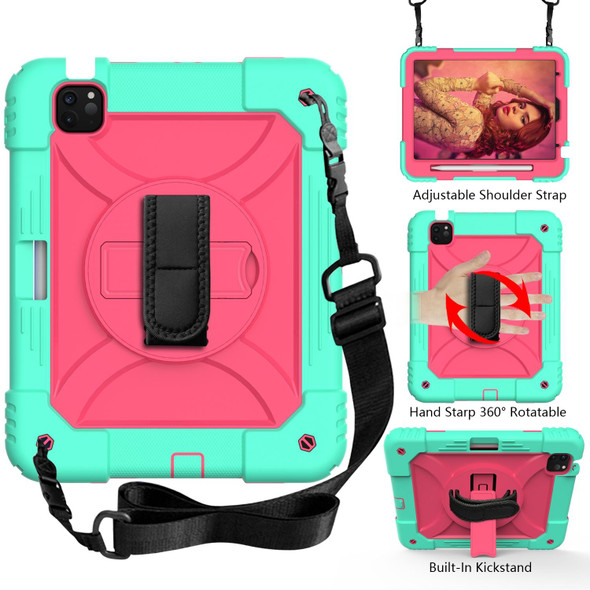 iPad Air 2022 / 2020 10.9 / Air 2022 Shockproof PC + Silicone Combination Case with Holder & Hand Strap & Shoulder Strap(Mint Green + Rose Red)